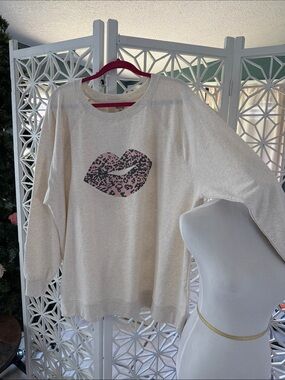 Wildfox Cream Sweatshirt with Pink Leopard Lip Graphic